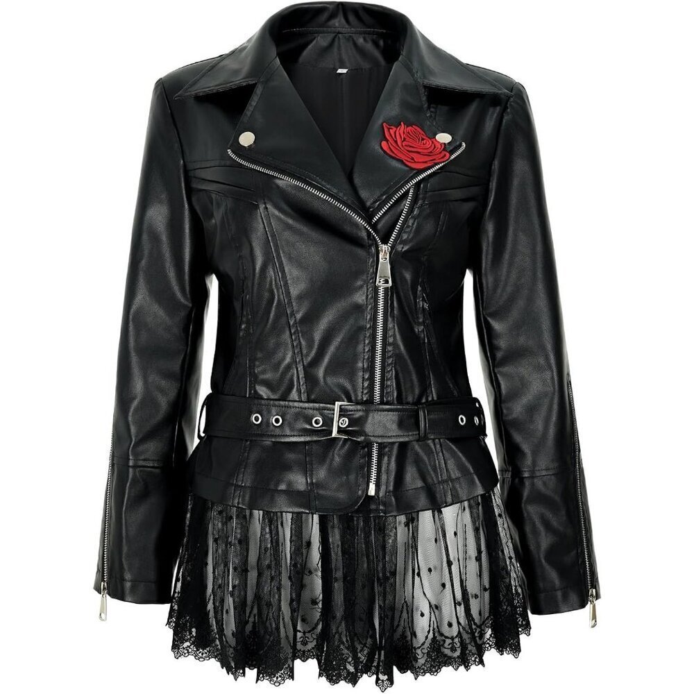 Women's faux leather black lace moto vintage coat riding coat